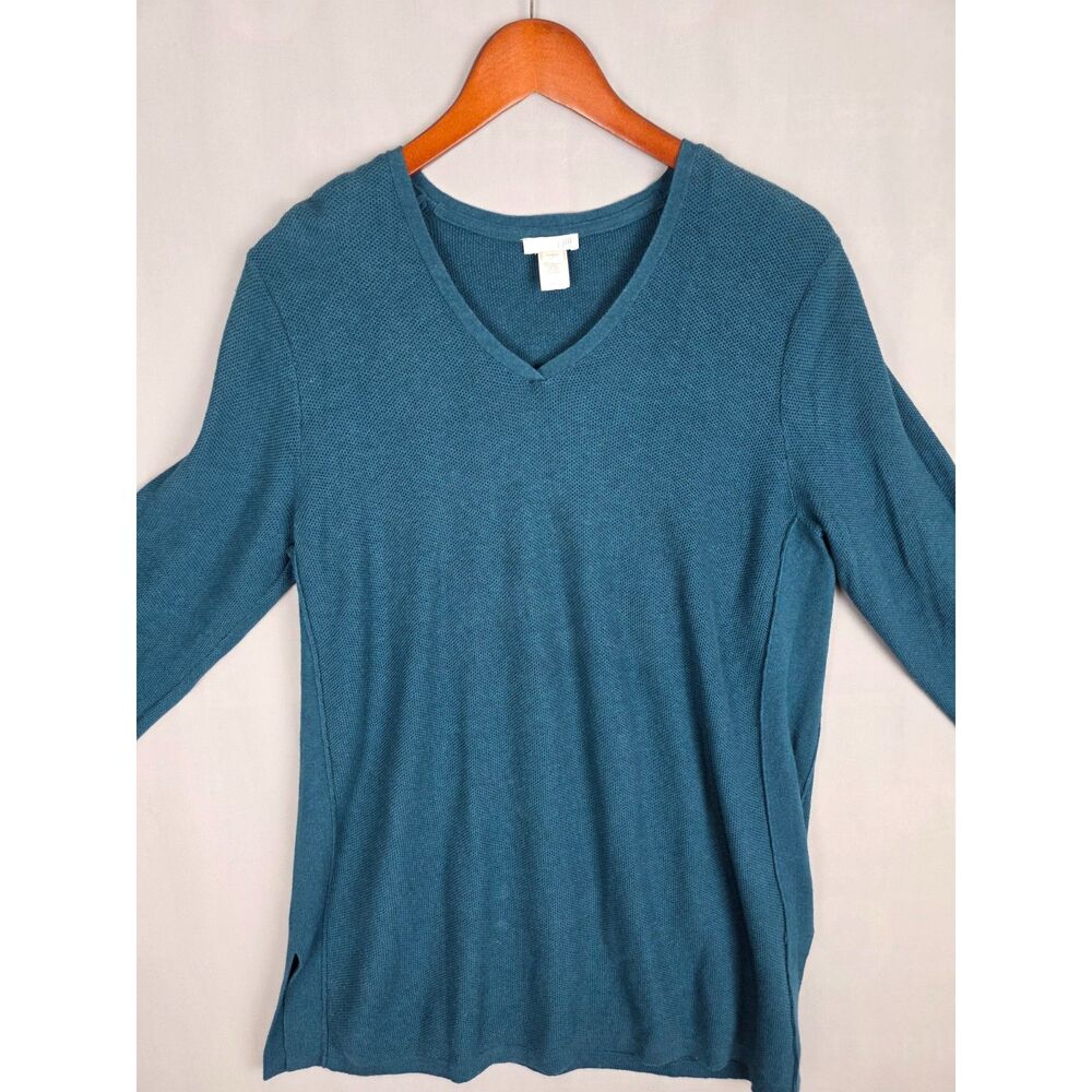 J Jill Sweater Large V Neck Pullover Teal Woven Long Sleeve Silk Wool Tunic